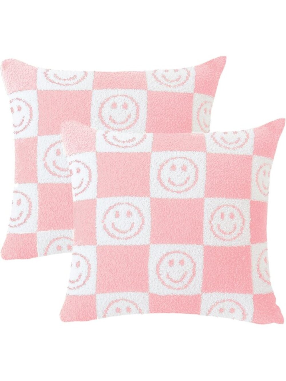 Cozy Checkered Smiling Face Throw Pillow Cover, Fluffy Microfiber, 18